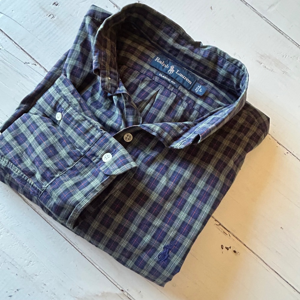 Ralph‎ Lauren Classic Fit Plaid Shirt Men Large Blue Green Red Embroidered Pony